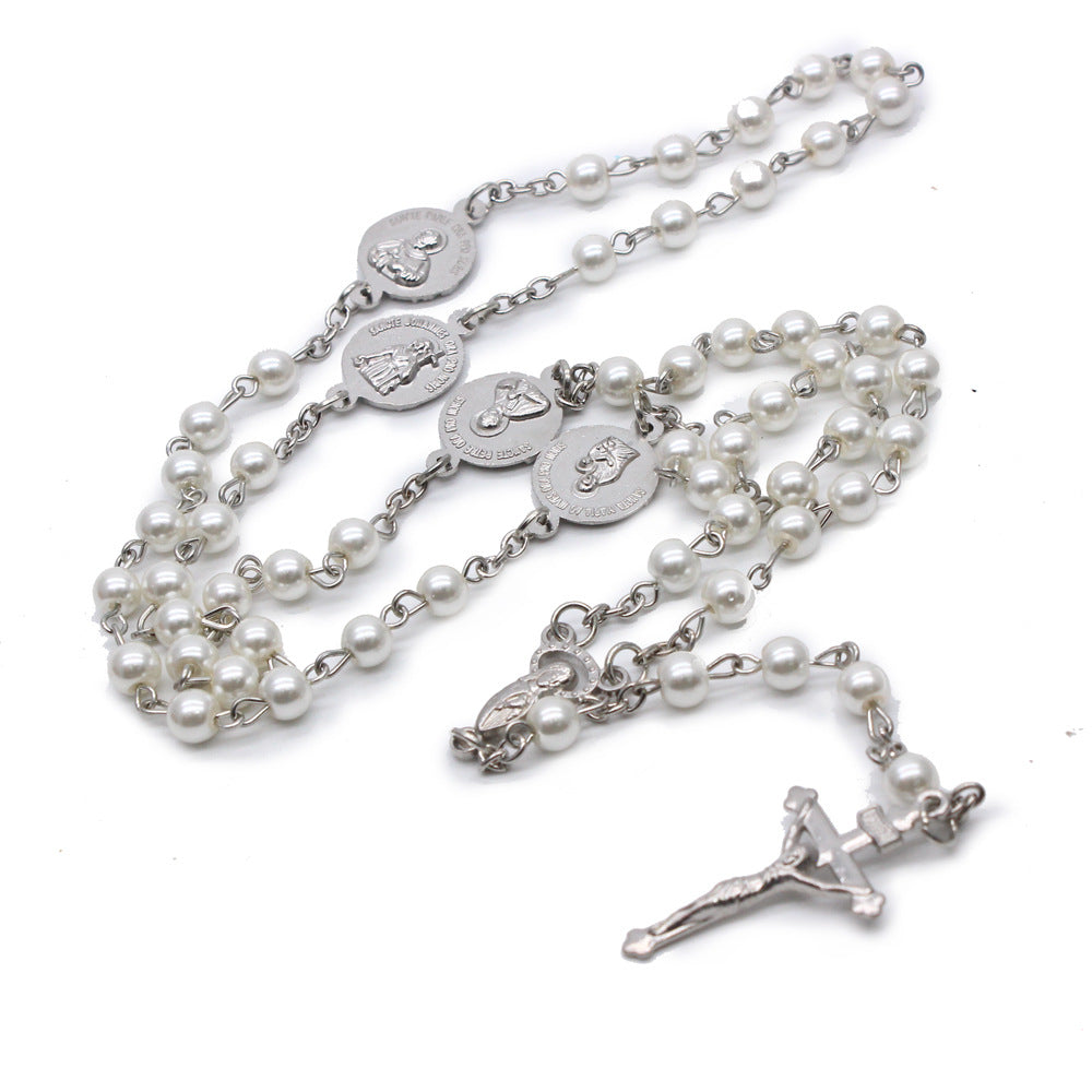 Wholesale Four Architectural Rosary Beads Glass Pearl Alloy Cross Necklaces