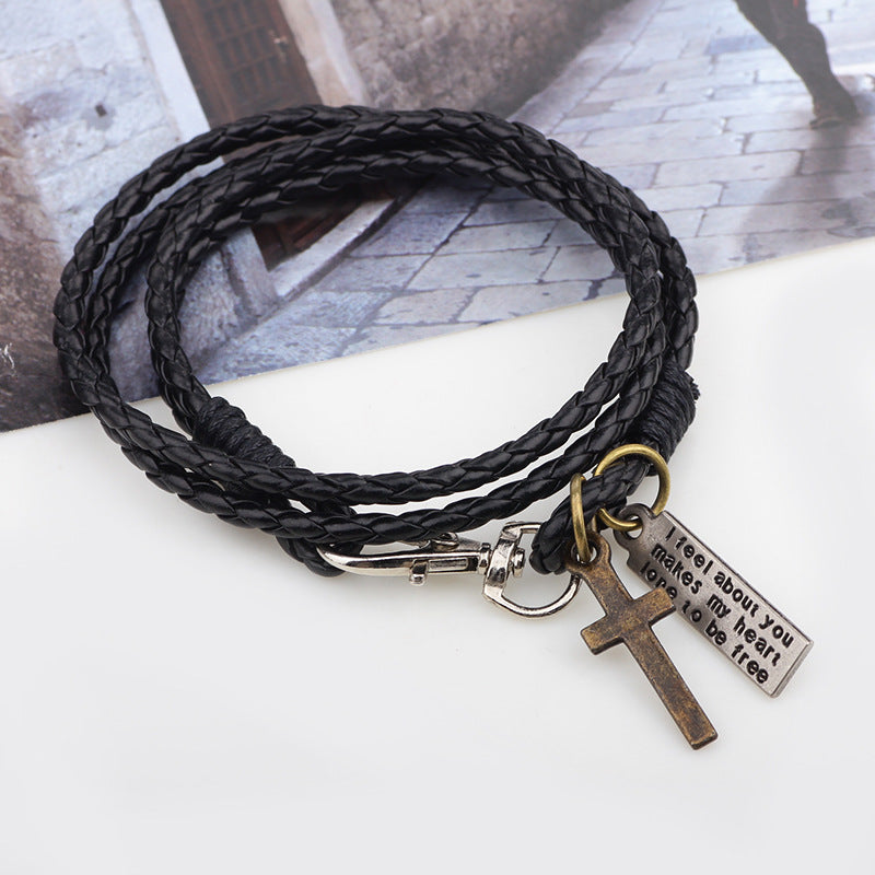 Wholesale Cross Double Layer Multi-Circle Wrap Leather Bracelet