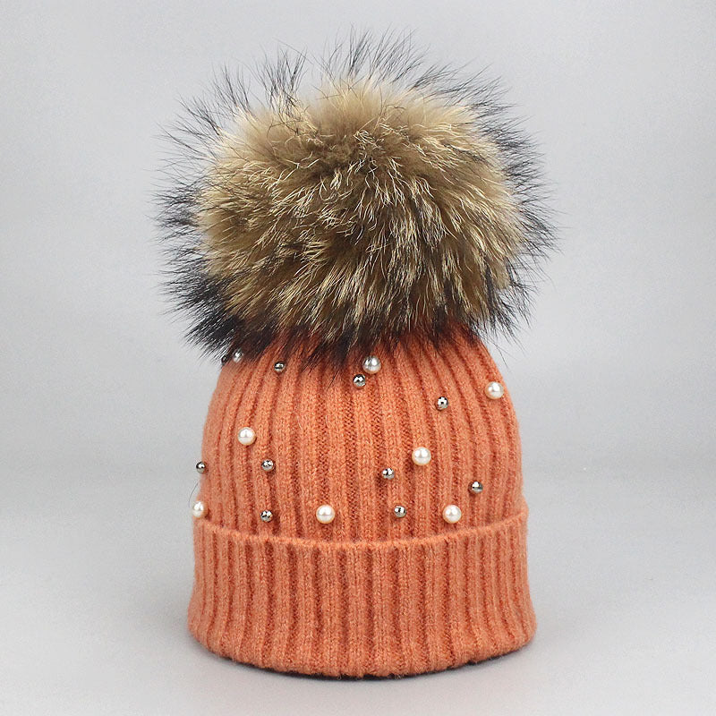 Wholesale Pearl Beanie Beanie Rolled Edge Wool Ball Knitted Hat