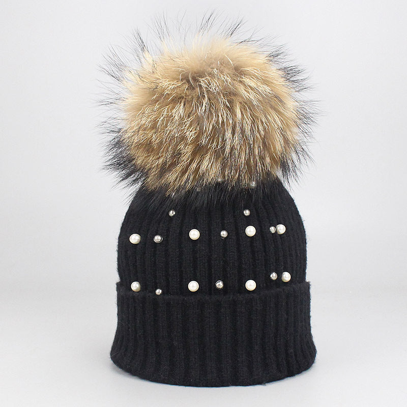 Wholesale Pearl Beanie Beanie Rolled Edge Wool Ball Knitted Hat