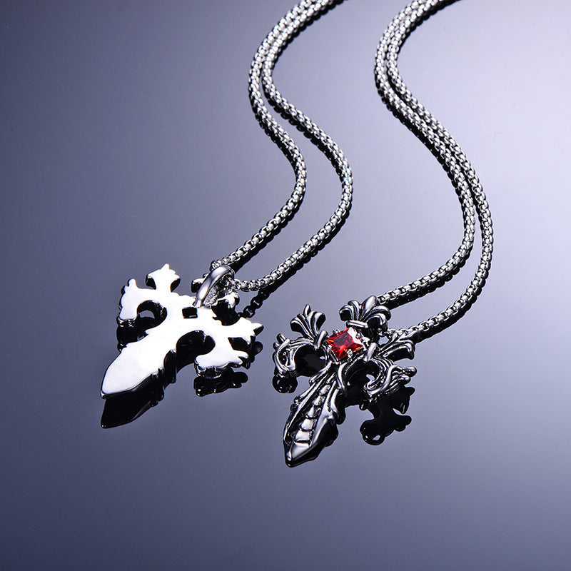 Wholesale Ruby Paved Pendant Double Dragon Cross Stainless Steel Necklaces