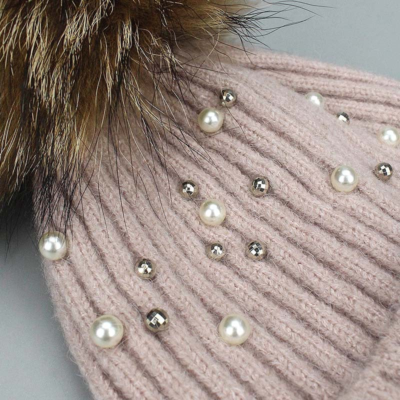Wholesale Pearl Beanie Beanie Rolled Edge Wool Ball Knitted Hat