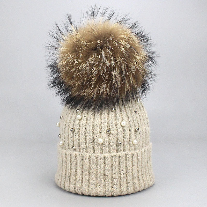 Wholesale Pearl Beanie Beanie Rolled Edge Wool Ball Knitted Hat