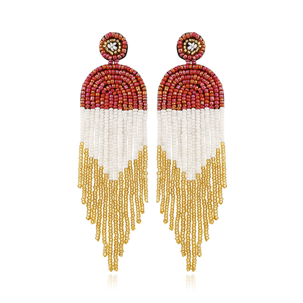 Wholesale Exaggerated Rice Beads Tassel Bohemian Vintage Earrings