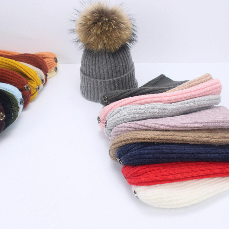 Wholesale Knitted Brimmed Wool Ball Warm Pullover Hat