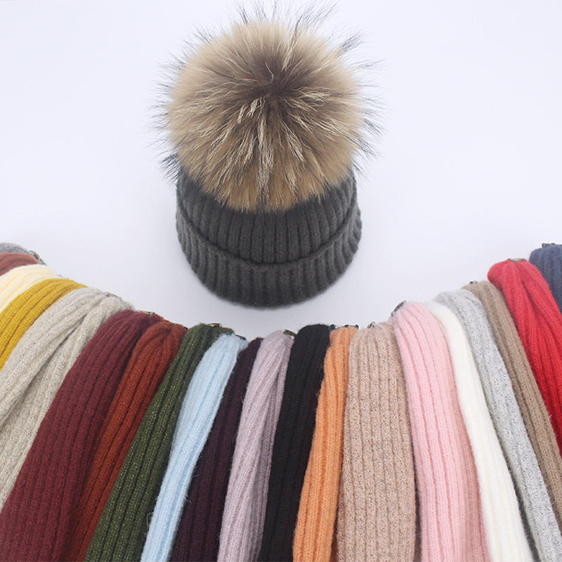 Wholesale Knitted Brimmed Wool Ball Warm Pullover Hat
