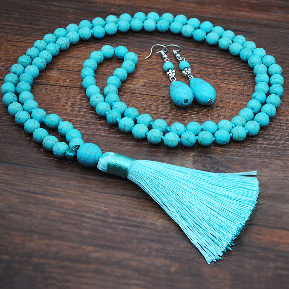 Wholesale Ethnic Style Turquoise Beaded Necklace Sweater Chain Earrings Ring Jewelry Set