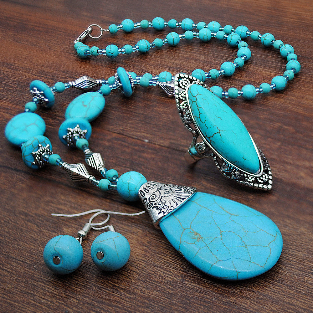 Wholesale Ethnic Style Turquoise Beaded Necklace Sweater Chain Earrings Ring Jewelry Set