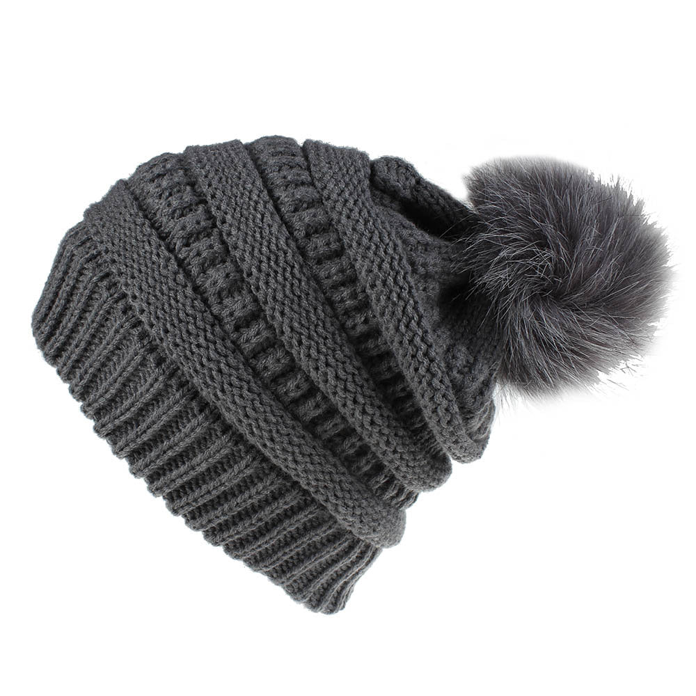 Wholesale Faux Fur Fox Pom Pom Knitted Hat