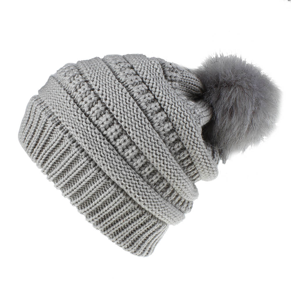 Wholesale Faux Fur Fox Pom Pom Knitted Hat