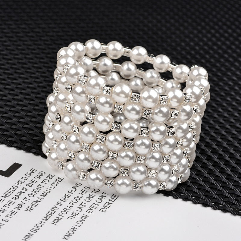 Wholesale Pearl Rhinestone Multilayer Seven Rows Wound Spiral Bracelet