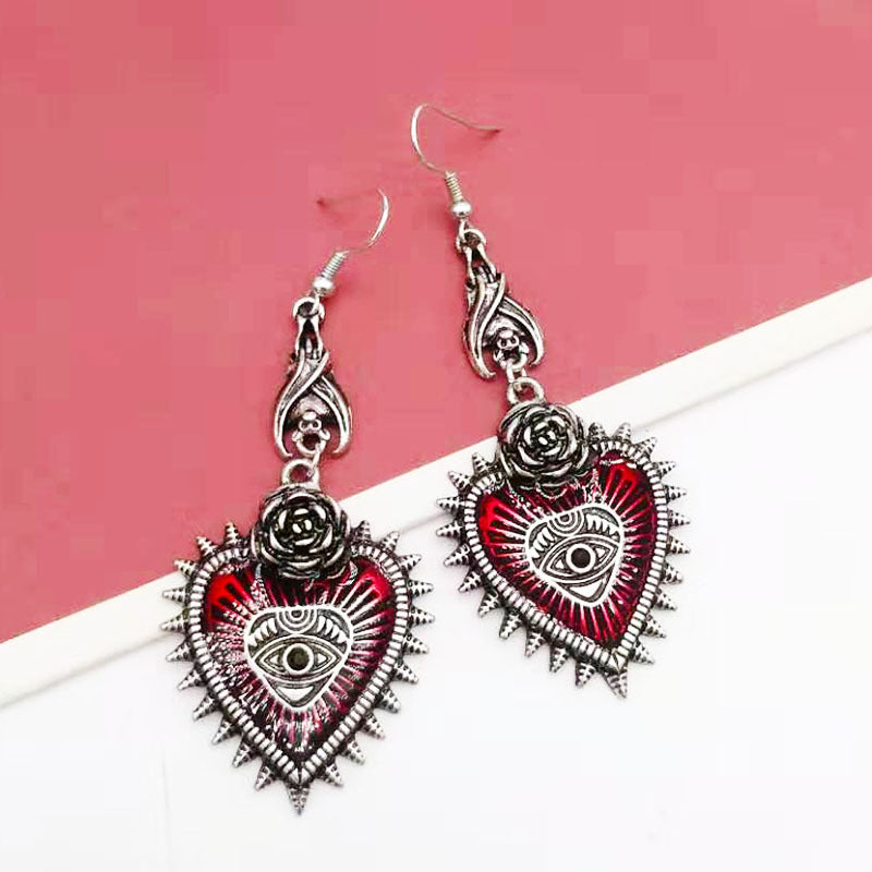 Wholesale gothic punk wind field rose heart-shaped Blood Devil eye drop oil bat earrings