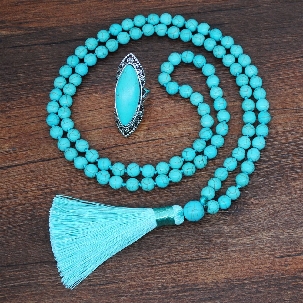 Wholesale Ethnic Style Turquoise Beaded Necklace Sweater Chain Earrings Ring Jewelry Set