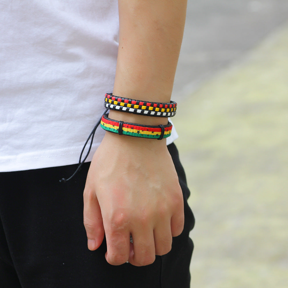 Wholesale Mexican Handwoven Genuine Leather Colorful Waxed Rope Bracelet Set