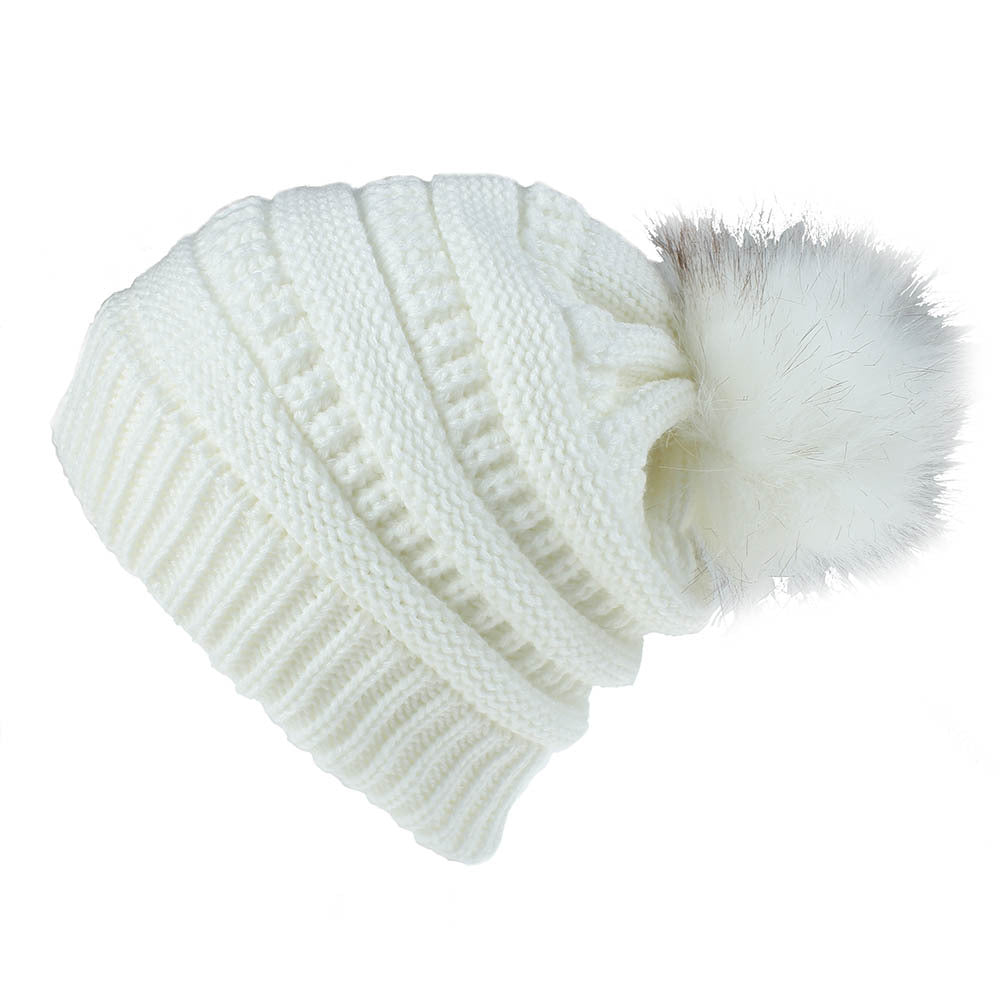 Wholesale Faux Fur Fox Pom Pom Knitted Hat