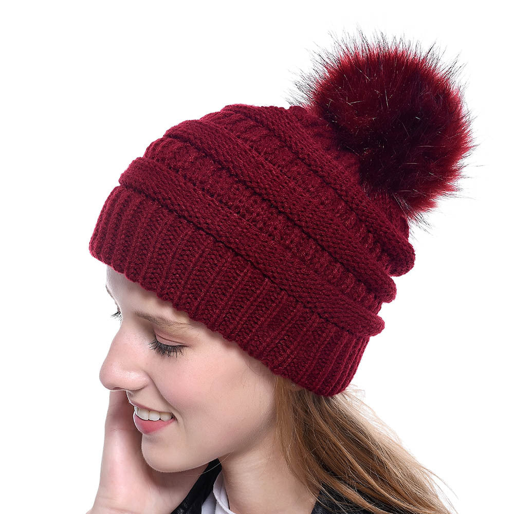 Wholesale Faux Fur Fox Pom Pom Knitted Hat