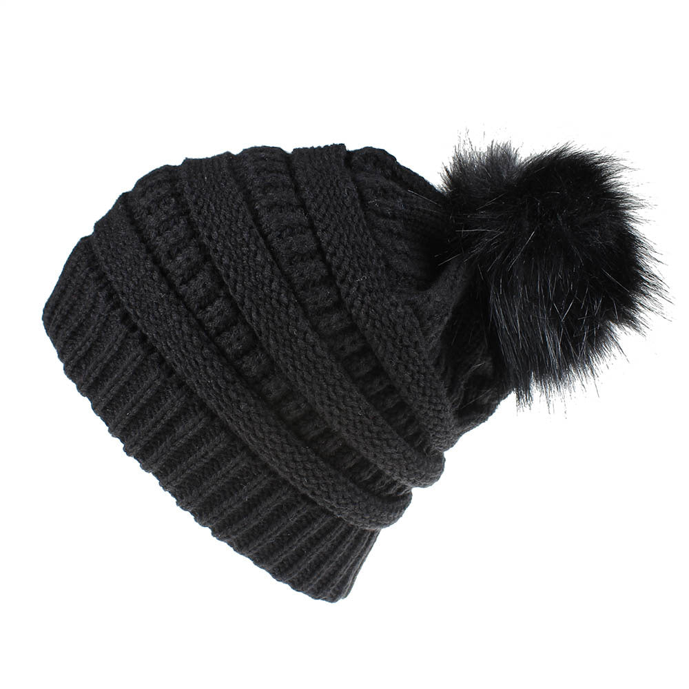 Wholesale Faux Fur Fox Pom Pom Knitted Hat