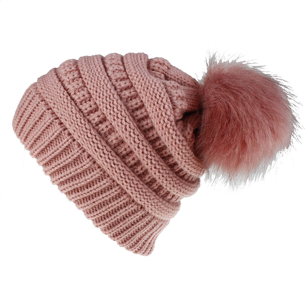 Wholesale Autumn and Winter Imitation Fur Fox Fur Ball Cap for Women Acrylic Knitted Hat