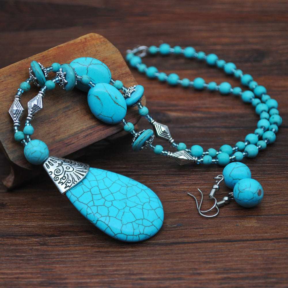 Wholesale Ethnic Style Turquoise Beaded Necklace Sweater Chain Earrings Ring Jewelry Set