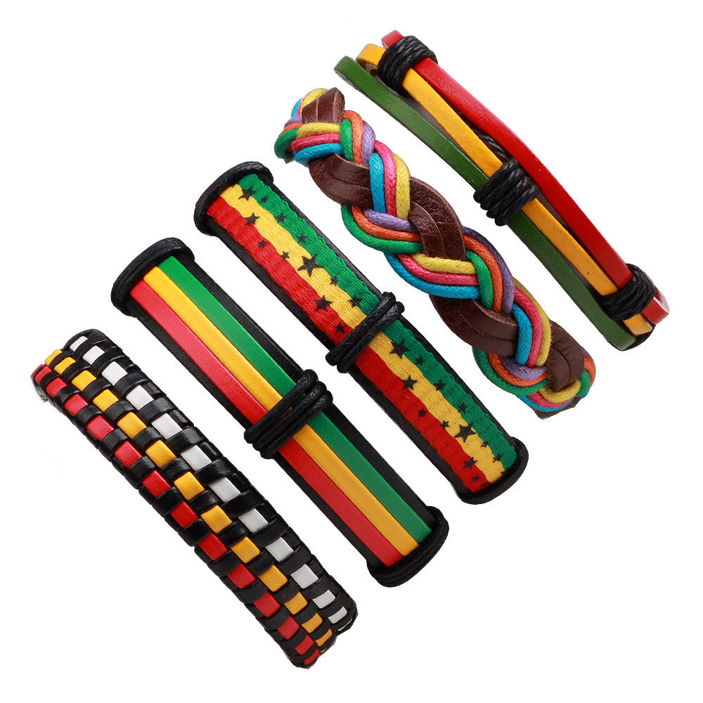 Wholesale Mexican Handwoven Genuine Leather Colorful Waxed Rope Bracelet Set