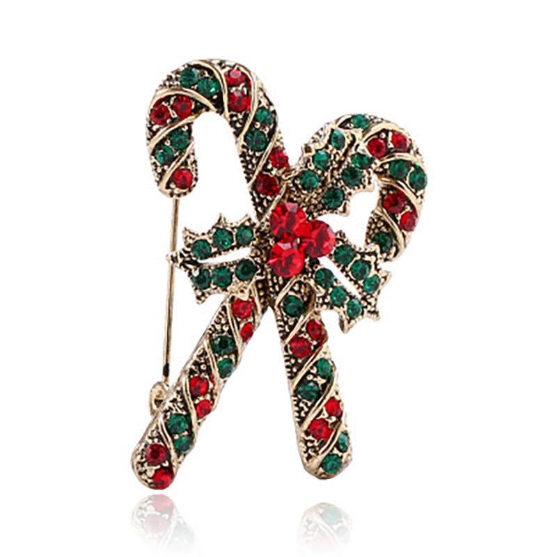 Wholesale Christmas Cane Alloy Diamond Brooch