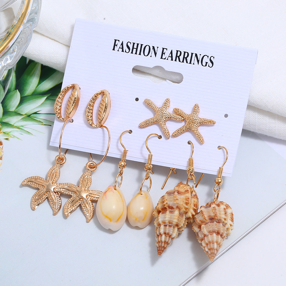 Wholesale Creative Starfish Natural Conch Earrings Five Pairs of Earrings and Studs