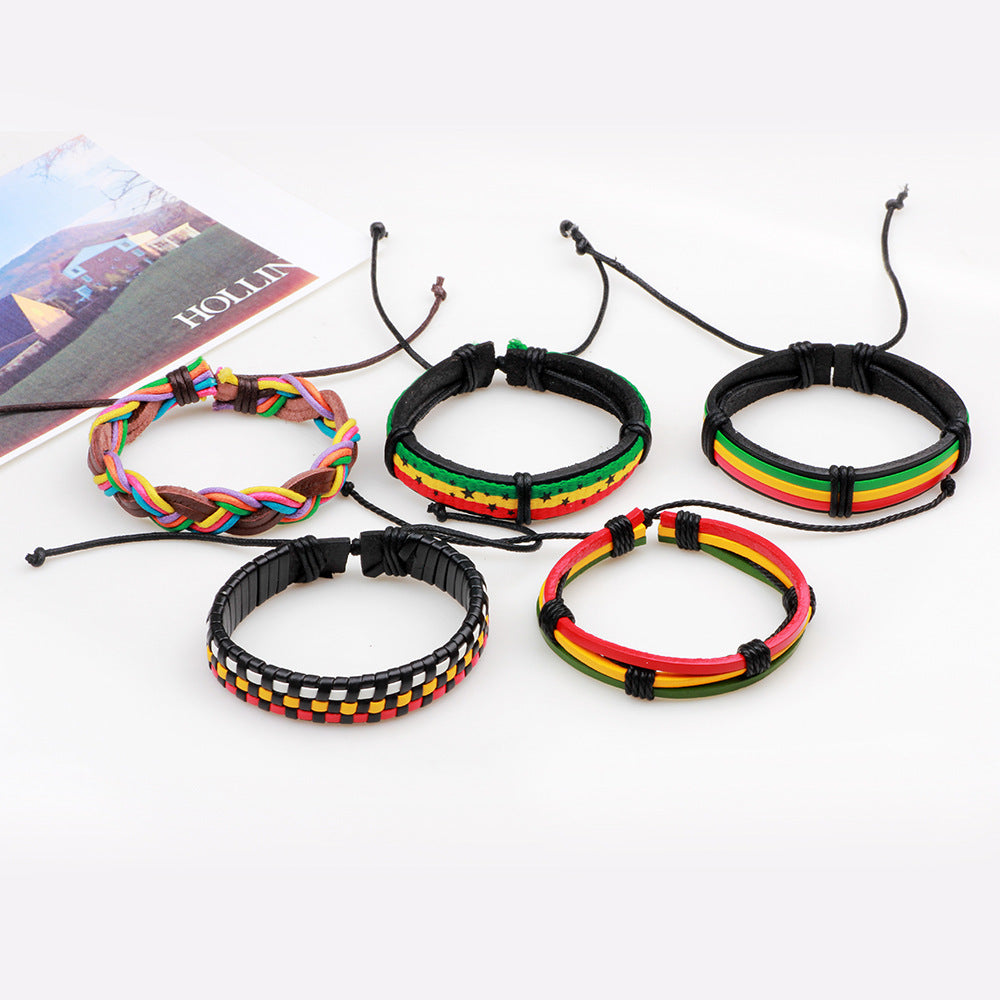 Wholesale Mexican Handwoven Genuine Leather Colorful Waxed Rope Bracelet Set