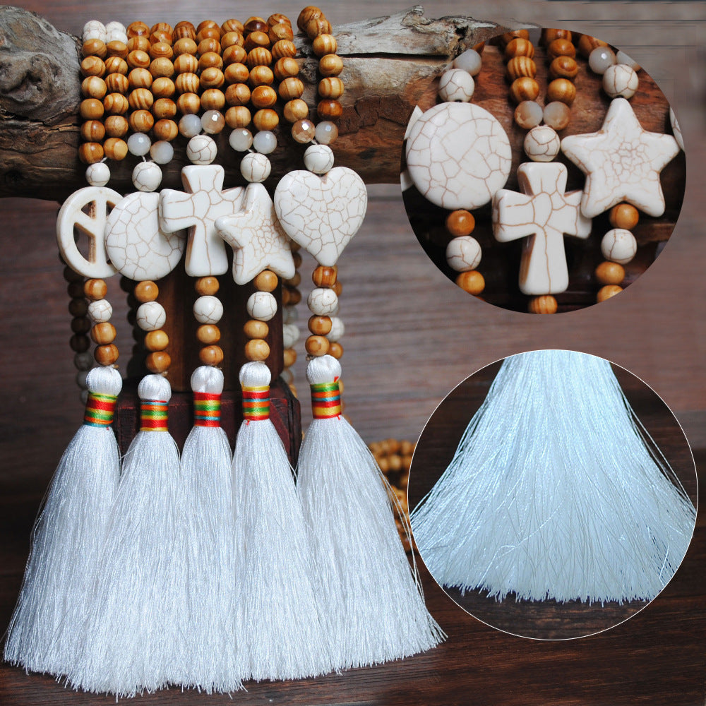 Wholesale Handmade Beaded Tassel Cross Love Turquoise Pendant Necklace