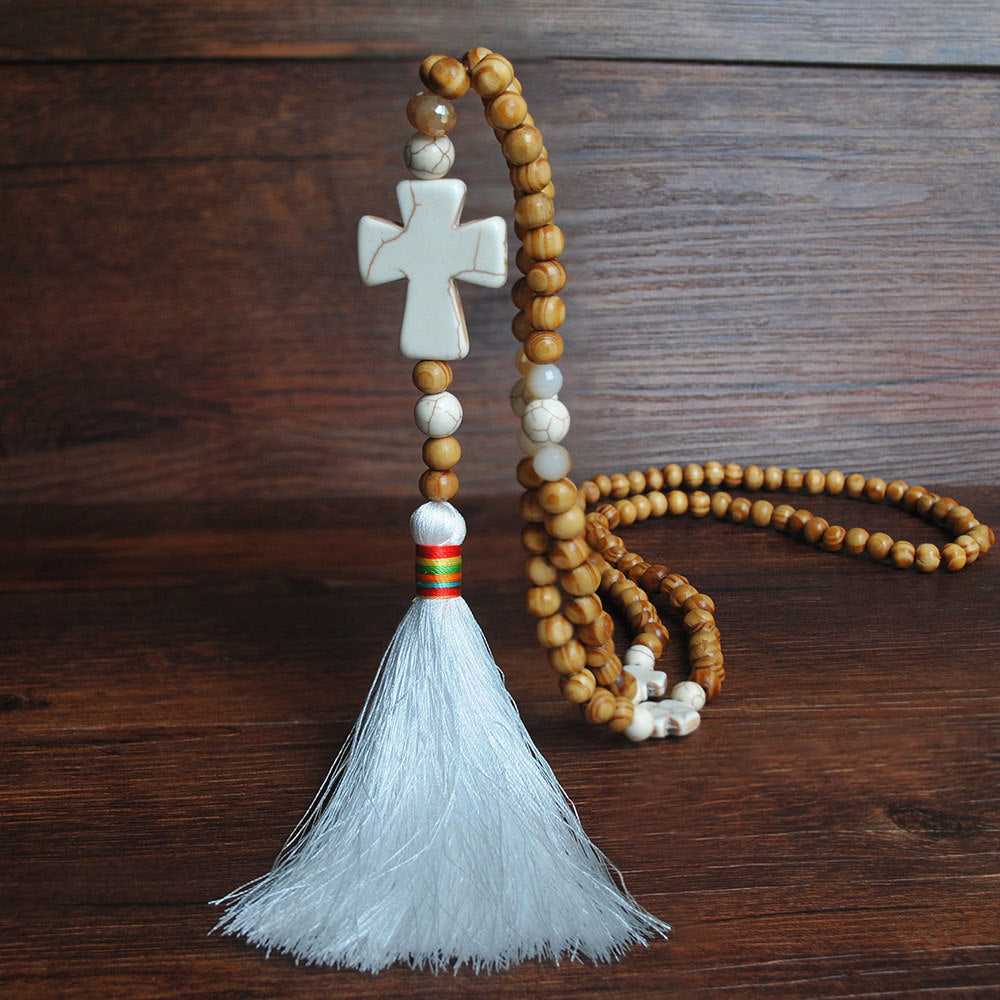 Wholesale Handmade Beaded Tassel Cross Love Turquoise Pendant Necklace