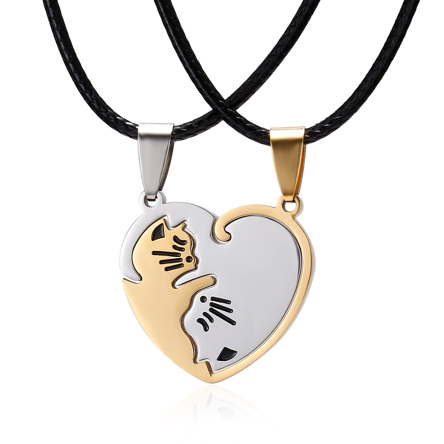 Wholesale Black and white cat hugging heart patchwork Stainless Steel Necklace