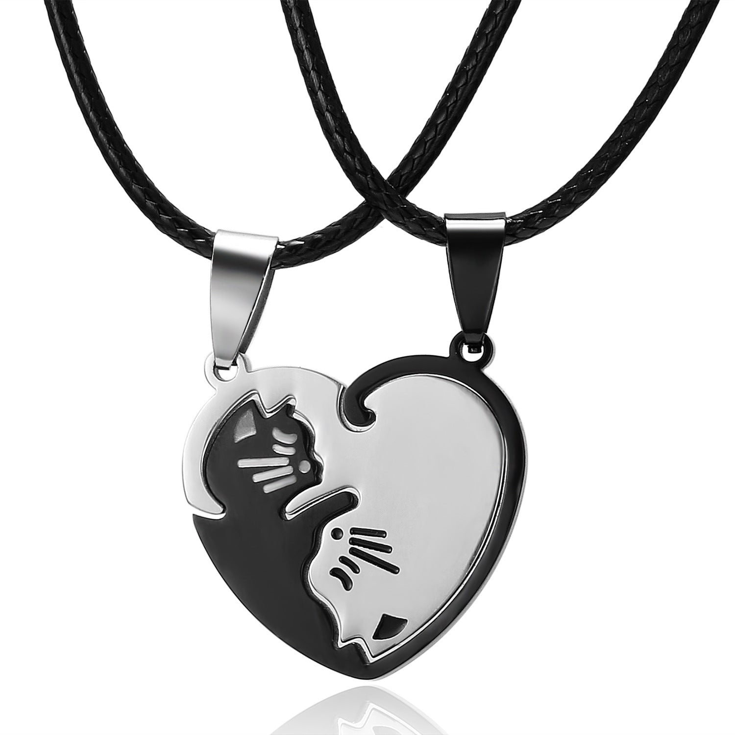 Wholesale Black and white cat hugging heart patchwork Stainless Steel Necklace