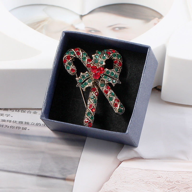 Wholesale Christmas Cane Alloy Diamond Brooch