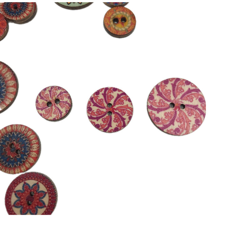 Wholesale retro disc wood buttons painted printed two-eye wooden buttons DIY handicrafts