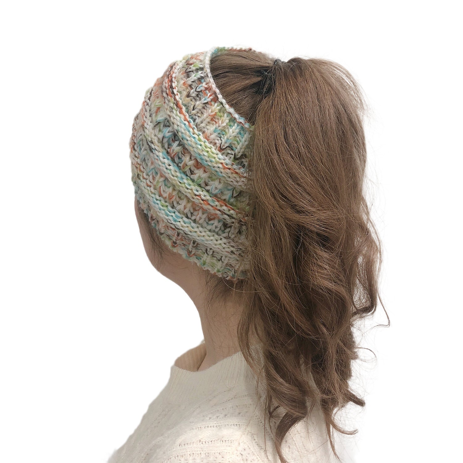 Wholesale Plush Wool Knitted Colorful Ponytail Headband Pullover Hat