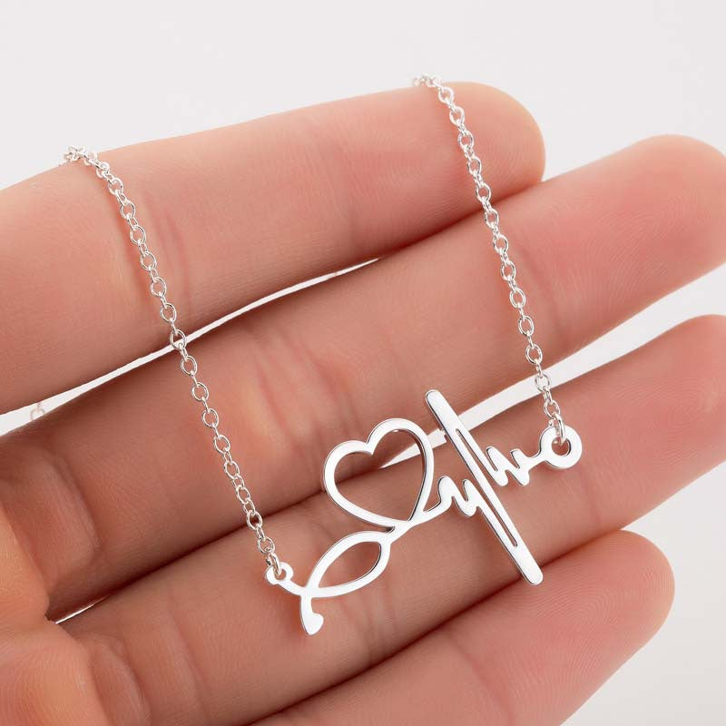 Wholesale Stainless Steel Love Heartbeat Electrocardiogram Necklace Clavicle Chain