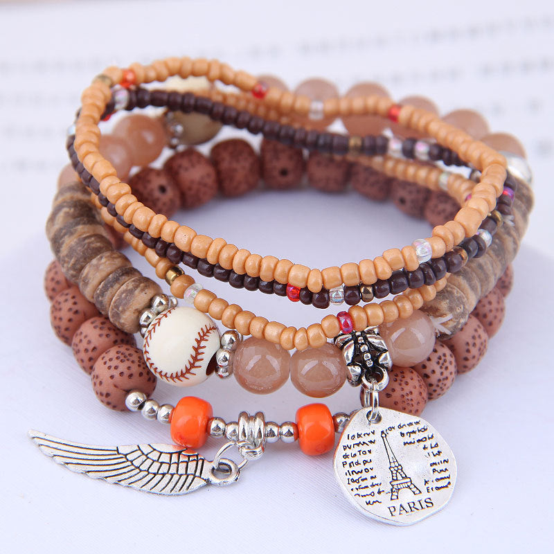 Wholesale Disc Tower Wings Rice Beads Multilayer Alloy Bracelet