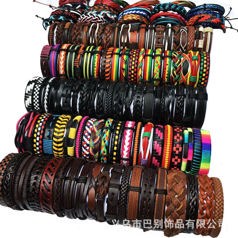 Wholesale 100 arbitrary mixed color hand-woven leather bracelet