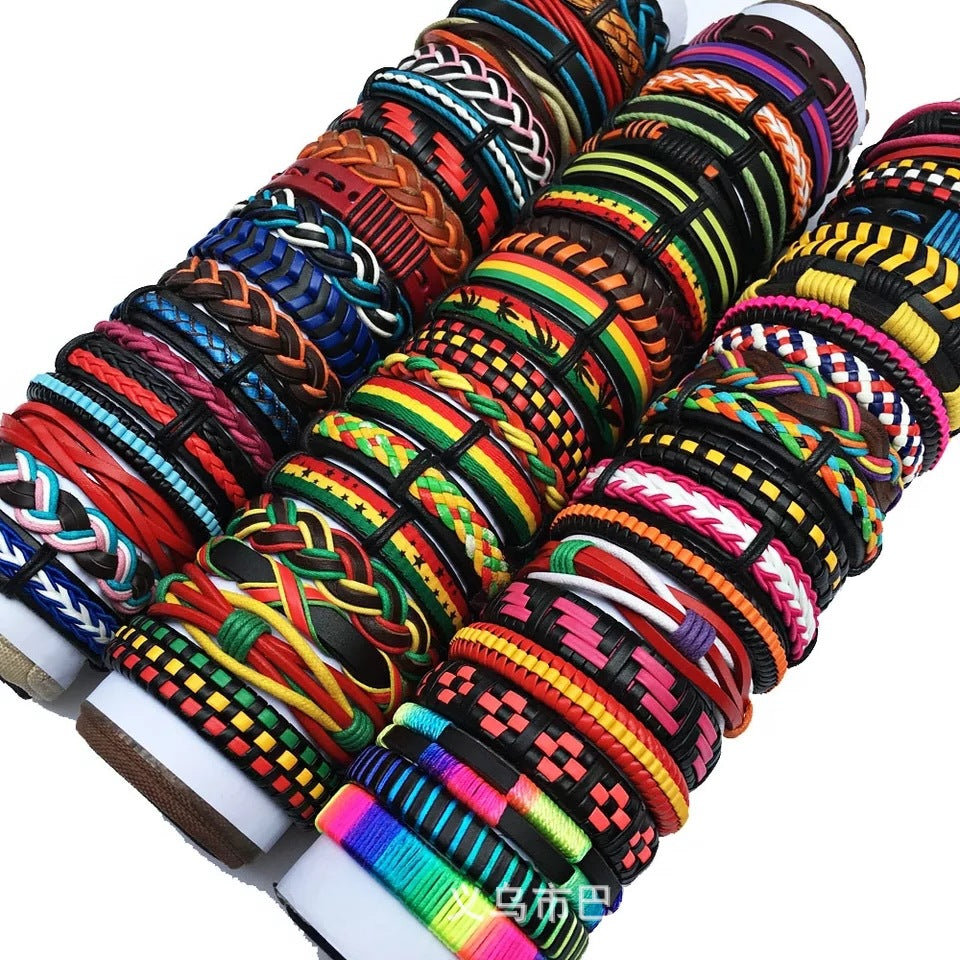 Wholesale 100 arbitrary mixed color hand-woven leather bracelet