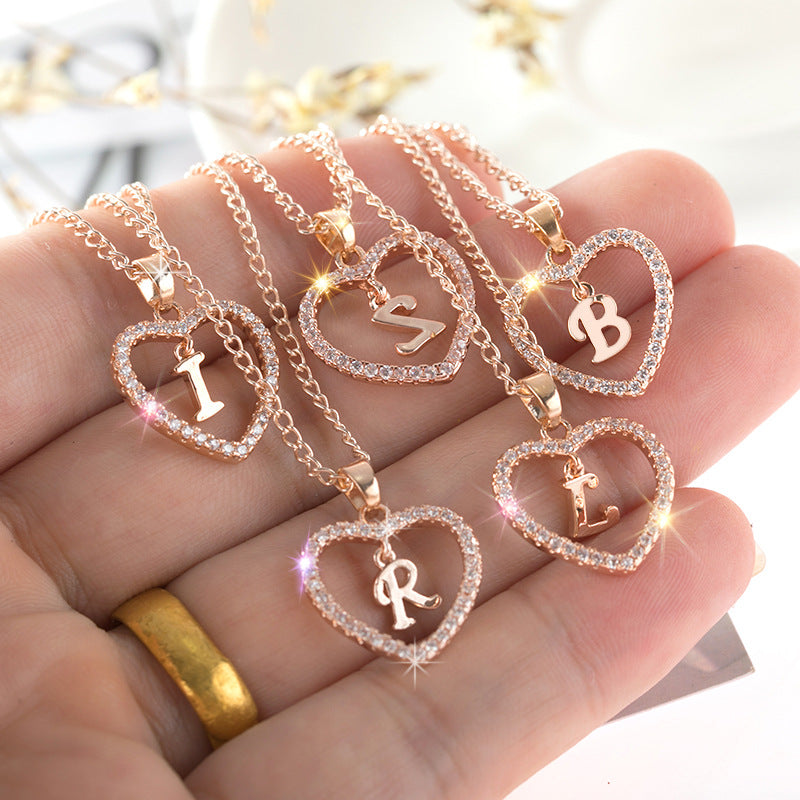 Wholesale 26 letter zircon heart-shaped pendant necklace