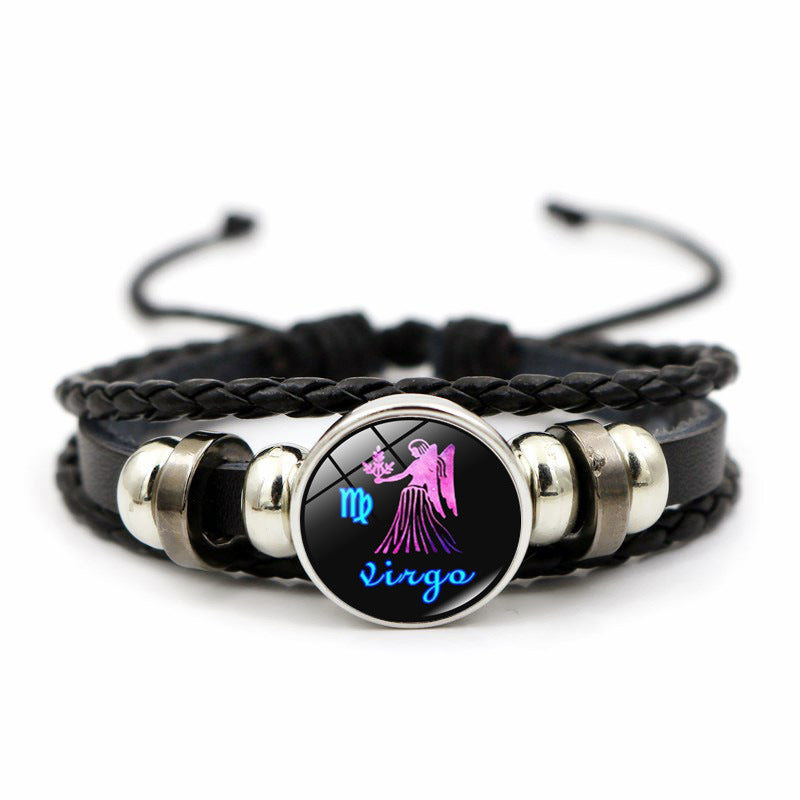 Wholesale Twelve Horoscope Time Stone Leather Woven Beaded Bracelet