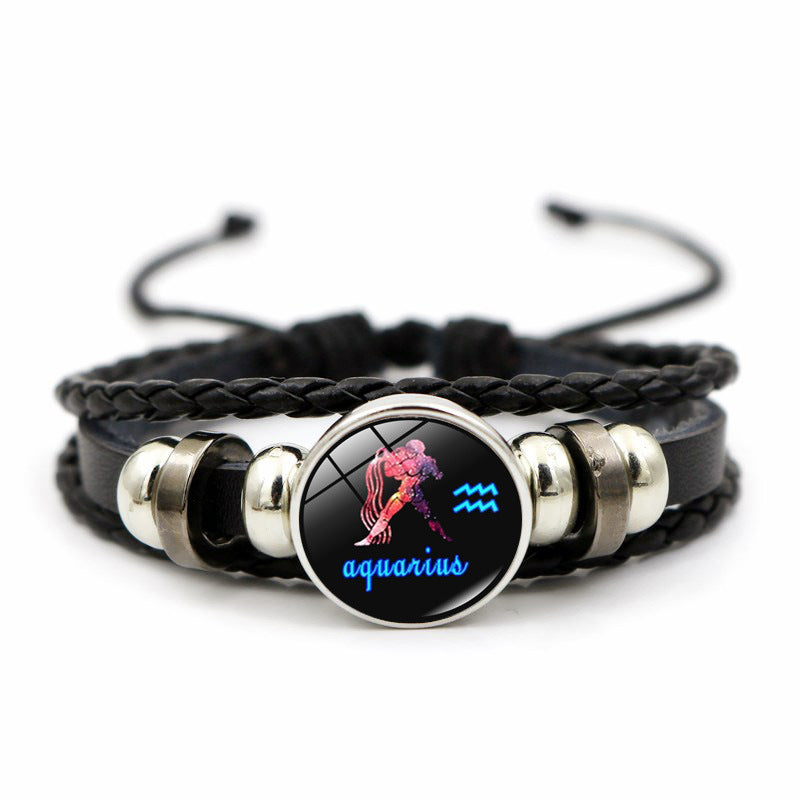 Wholesale Twelve Horoscope Time Stone Leather Woven Beaded Bracelet
