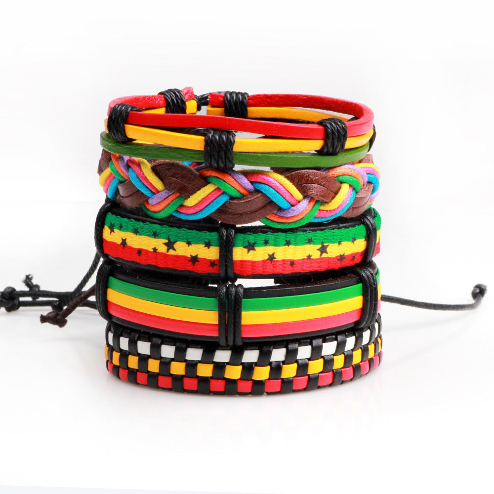 Wholesale Mexican Handwoven Genuine Leather Colorful Waxed Rope Bracelet Set