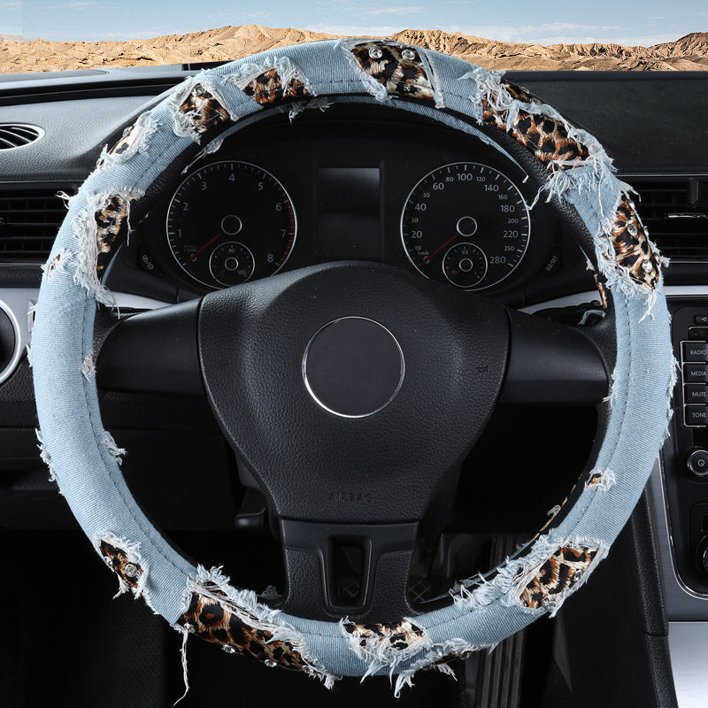 Wholesale Leopard Print Denim Encrusted Diamond Car  Cotton Steering Wheel Cover Medium Size Anti-slip