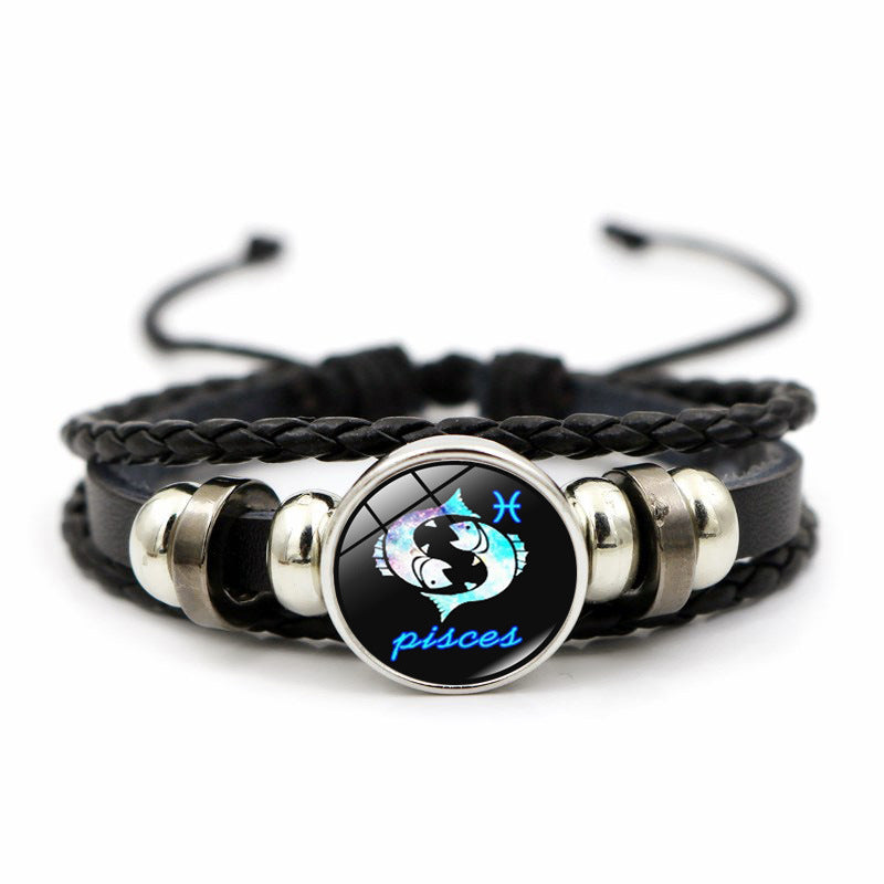 Wholesale Twelve Horoscope Time Stone Leather Woven Beaded Bracelet
