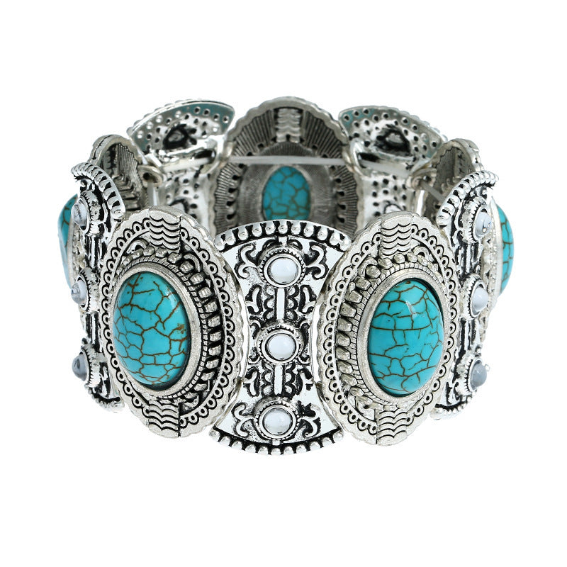 Wholesale Silver-plated diamond turquoise bracelet retro exaggerated bracelet