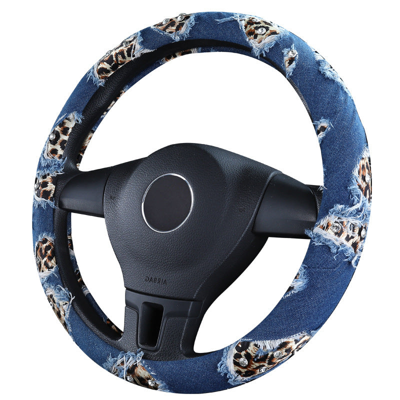 Wholesale Leopard Print Denim Encrusted Diamond Car  Cotton Steering Wheel Cover Medium Size Anti-slip