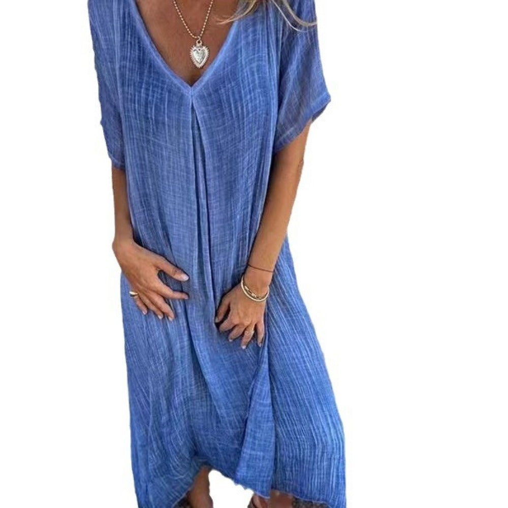 Wholesale Casual Loose Short Sleeve V-Neck Solid Color Cotton and Linen Dress
