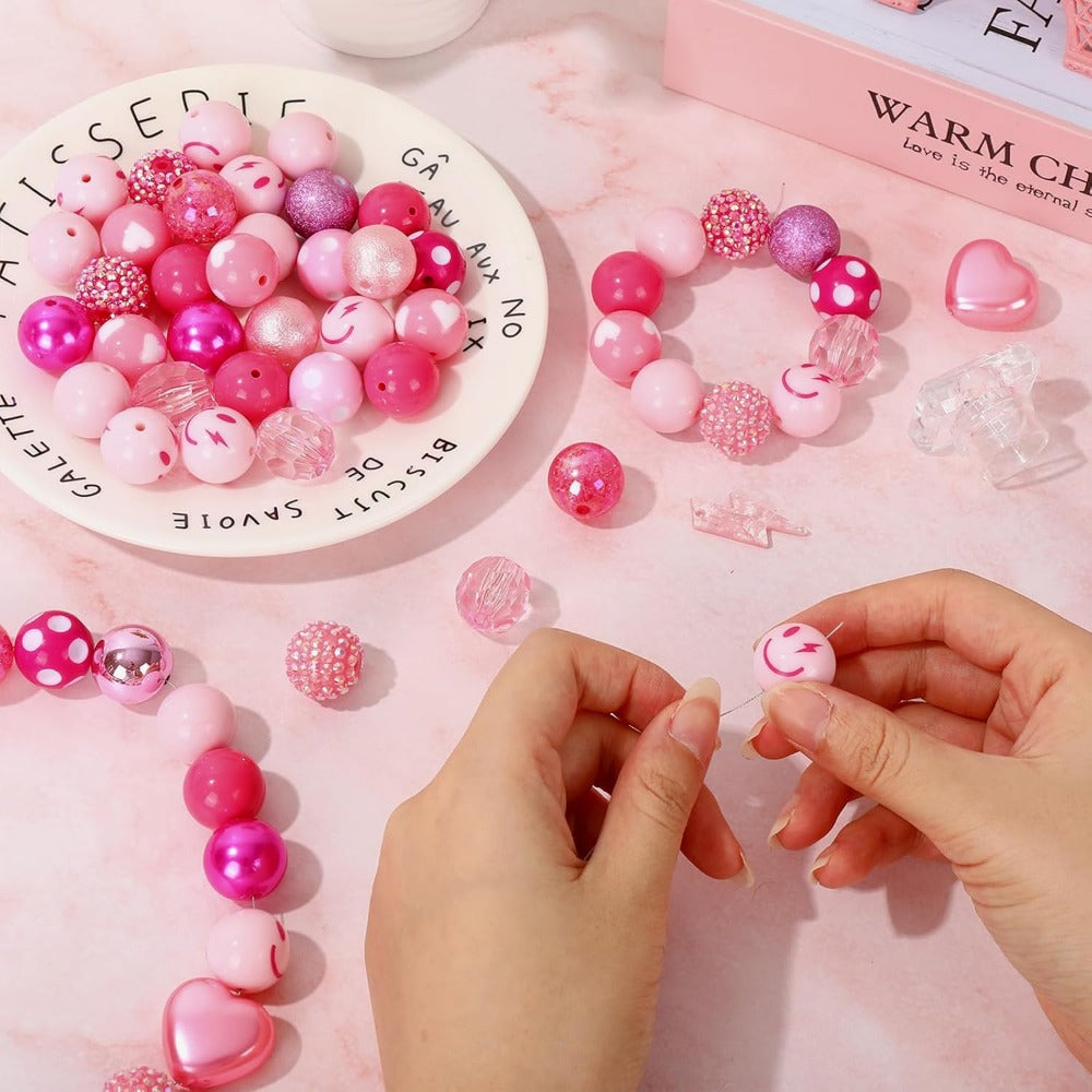 Wholesale Whaline 50Pcs 20mm Mixed Preppy Heart Bubblegum Beads 16 Styles Pink White Spacer Bead Chunky Beads Set Jumbo Plastic Beads for Crafts and Jewelry Making Boutique DIY Craft Supplies