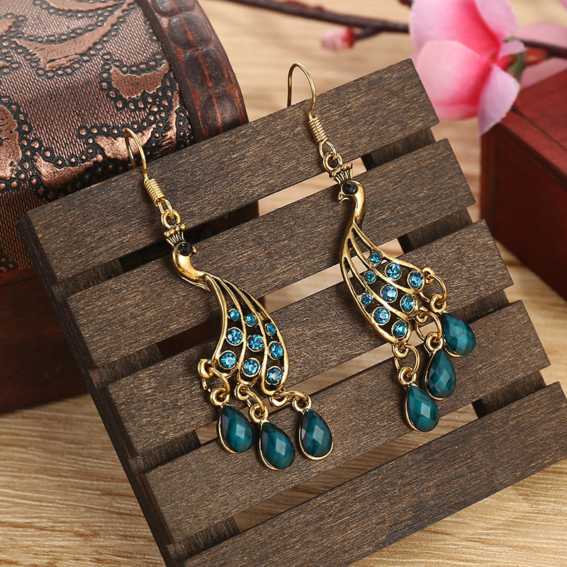 Wholesale Personalized Yunnan Green Peacock Water Drop Diamond Tassel Earrings
