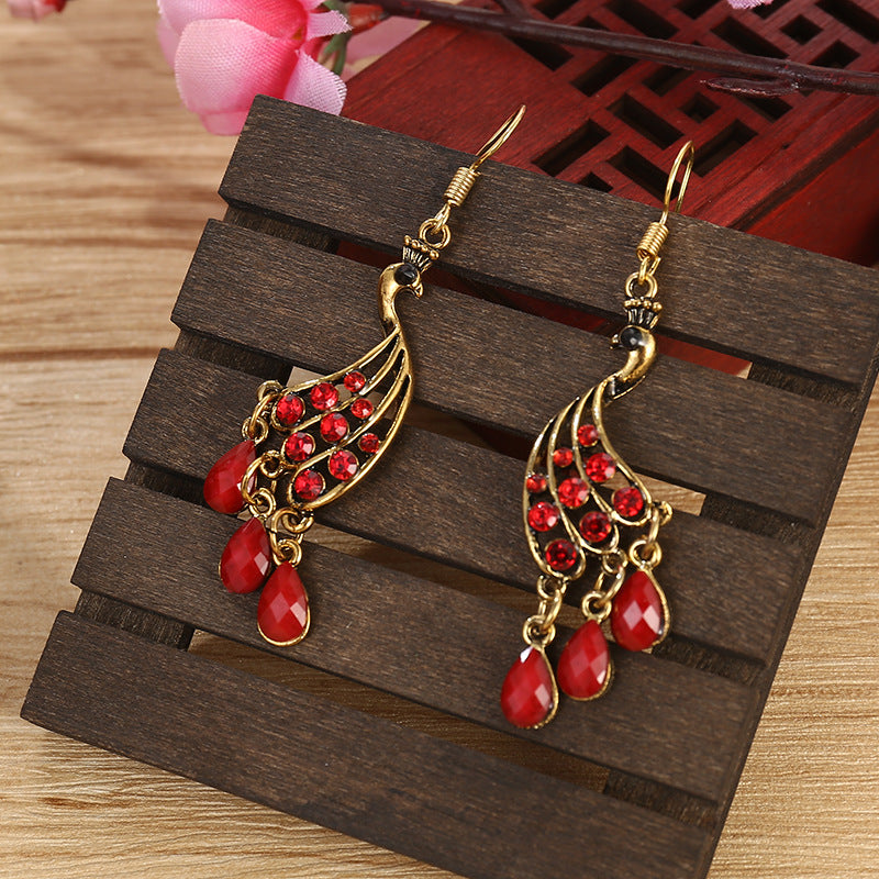 Wholesale Personalized Yunnan Green Peacock Water Drop Diamond Tassel Earrings